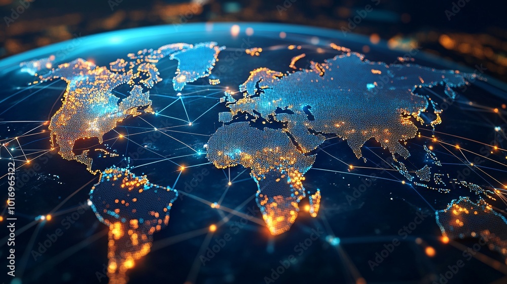 Fototapeta premium Global Network of Connected Cities with Illuminated Lines