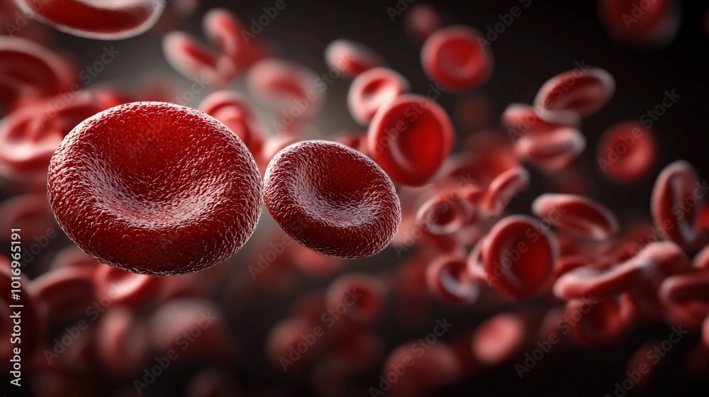 red blood cells in the bloodstream, dynamic movement, detailed close-up of their disc-shaped structure, vibrant and rich red color