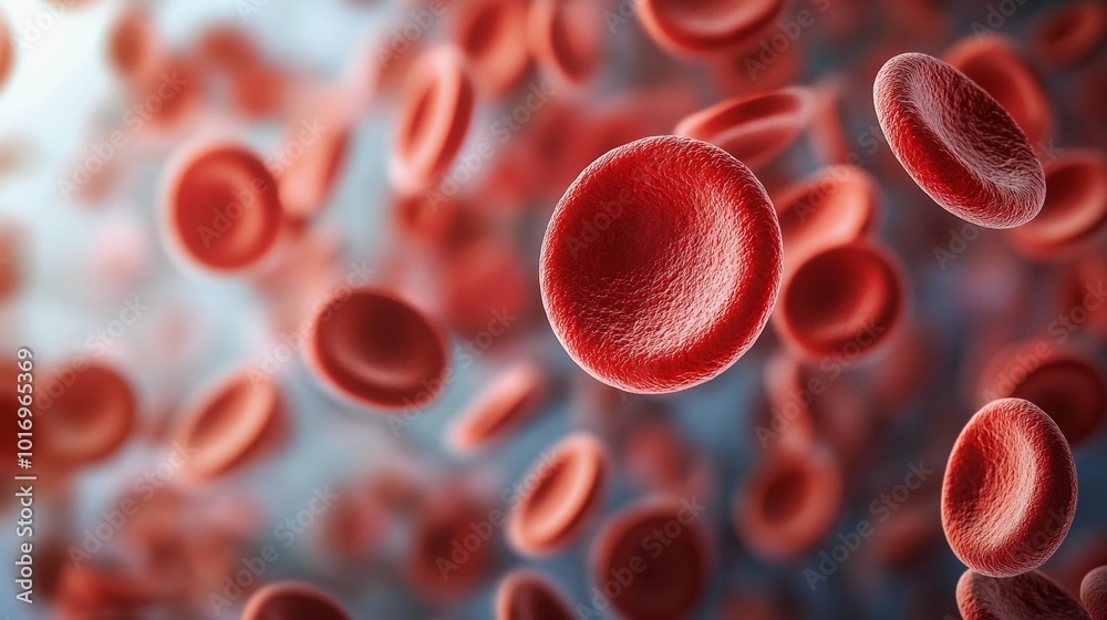 microscopic view of red blood cells, detailed cellular structure, flowing through capillaries, bright red hue, biconcave shape, essential for oxygen delivery