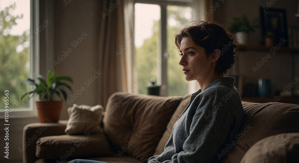 Fototapeta premium Thoughtful young woman sitting on a sofa, reflecting on life with a plant in the background, copy space