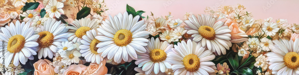 An exquisite floral display of daisies and roses, merging soft tones and textures to produce a captivating landscape, embodying natural beauty and elegance. An exquisite floral display of daisies and roses, merging soft tones and textures to produce a captivating landscape, embodying natural beauty and elegance.