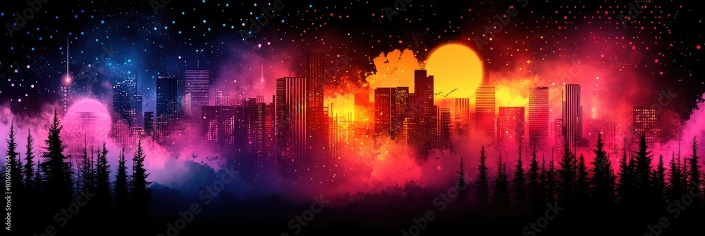 Panoramic view of a futuristic city skyline at night, surrounded by a forest and a colorful sky with planets and stars Panoramic view of a futuristic city skyline at night, surrounded by a forest and a colorful sky with planets and stars