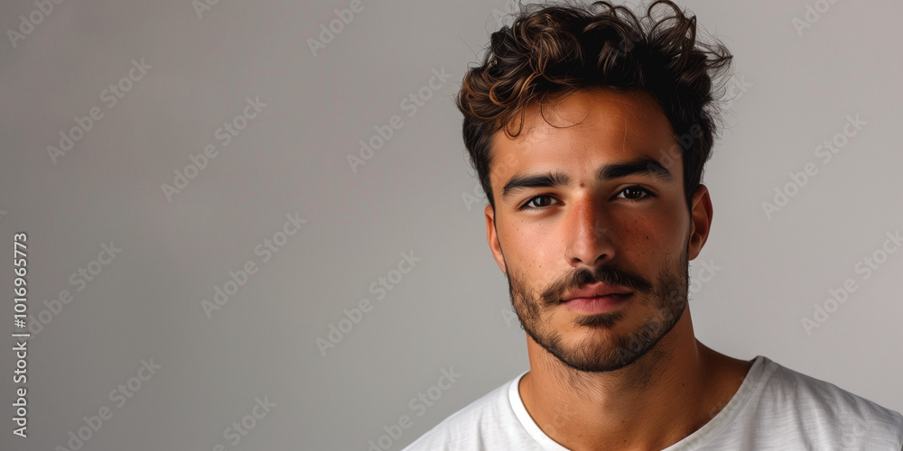 Obraz premium Confident Young Man with Stylish Hair Posing Against a Neutral Background
