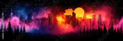 Panoramic view of a futuristic city skyline at night, surrounded by a forest and a colorful sky with planets and stars