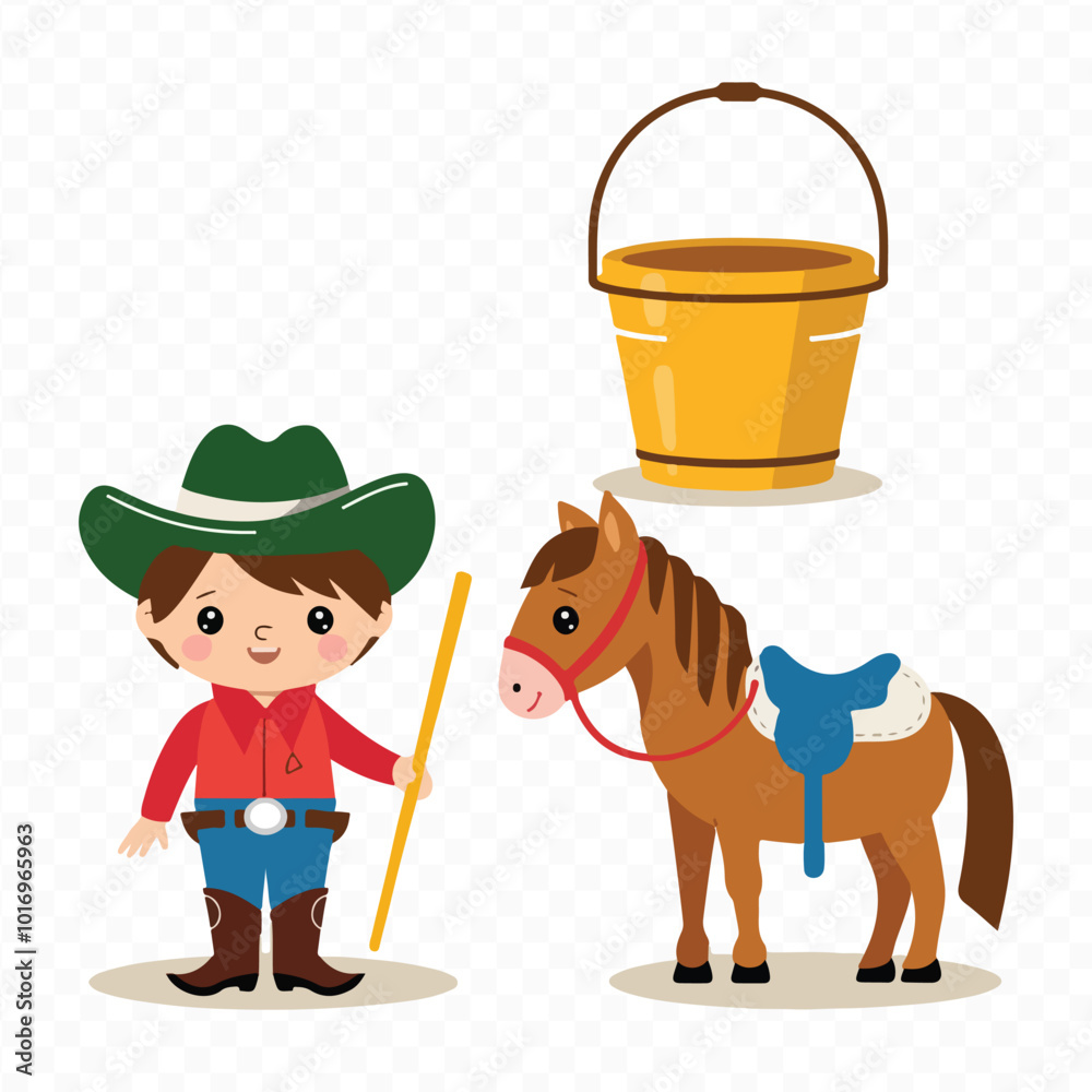 Naklejka premium Set of Wild West Elements: Cowboy Equipment, Rodeo Silhouettes, and Lasso-Throwing American Cowboys on Horseback