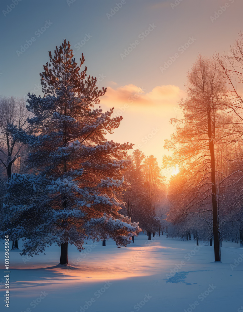 Winter Wonderland at Dawn with Sunlight. Snow-Covered Trees in Winter Sunrise. Frosty Landscape with Morning Sun Winter Wonderland at Dawn with Sunlight. Snow-Covered Trees in Winter Sunrise. Frosty Landscape with Morning Sun