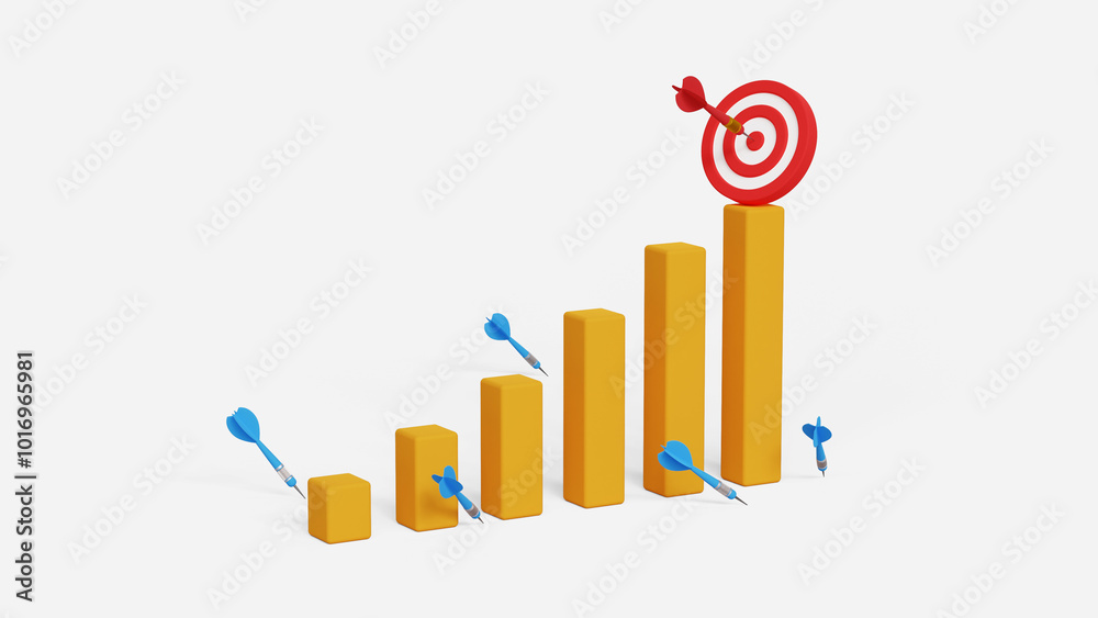 Every failure is a step to success. Big achievement, business growth process, steady growth, achieve goal, winning or challenge concept. 3D archery target on bar graph and missed arrows around it Every failure is a step to success. Big achievement, business growth process, steady growth, achieve goal, winning or challenge concept. 3D archery target on bar graph and missed arrows around it