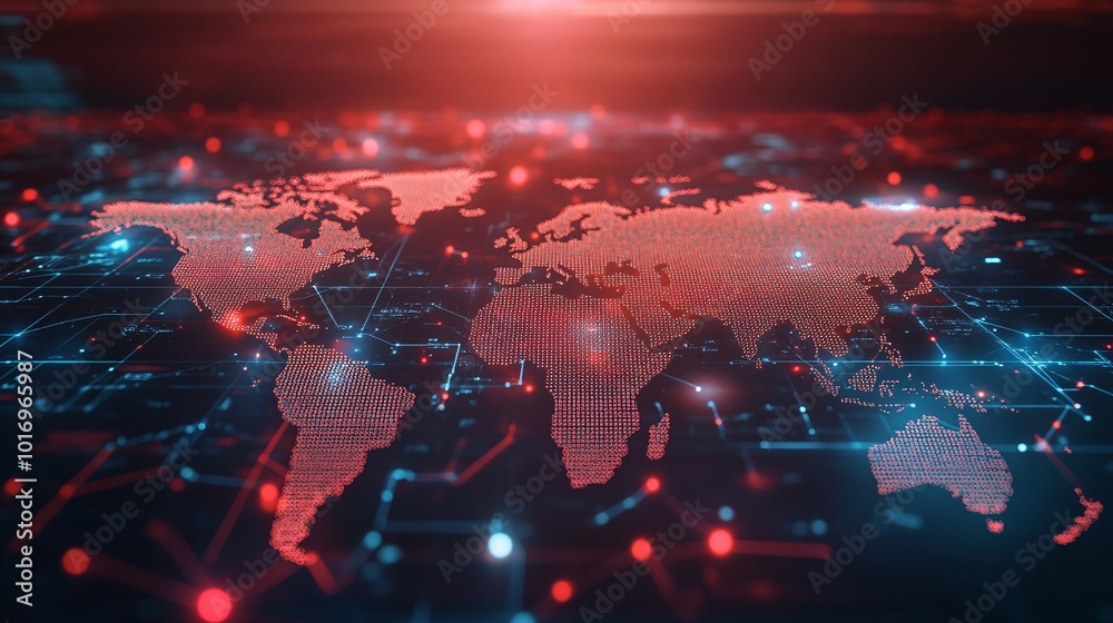 A Digital Map of the World with Red Dots and Blue Lines A Digital Map of the World with Red Dots and Blue Lines