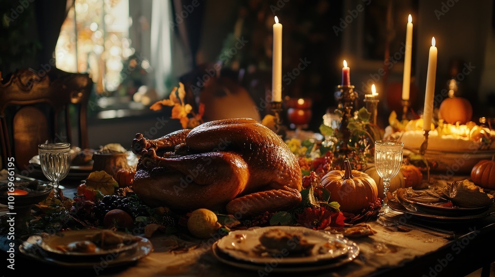 Festive Thanksgiving Table Setting with Roasted Turkey Festive Thanksgiving Table Setting with Roasted Turkey