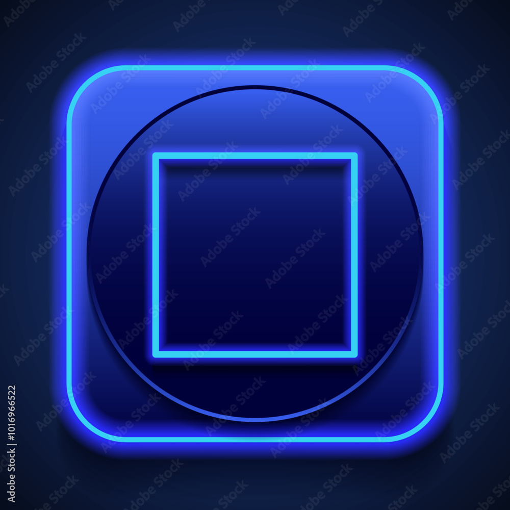 Stop, musical simple icon. Flat design. Blue neon style on button. With shadow Stop, musical simple icon. Flat design. Blue neon style on button. With shadow
