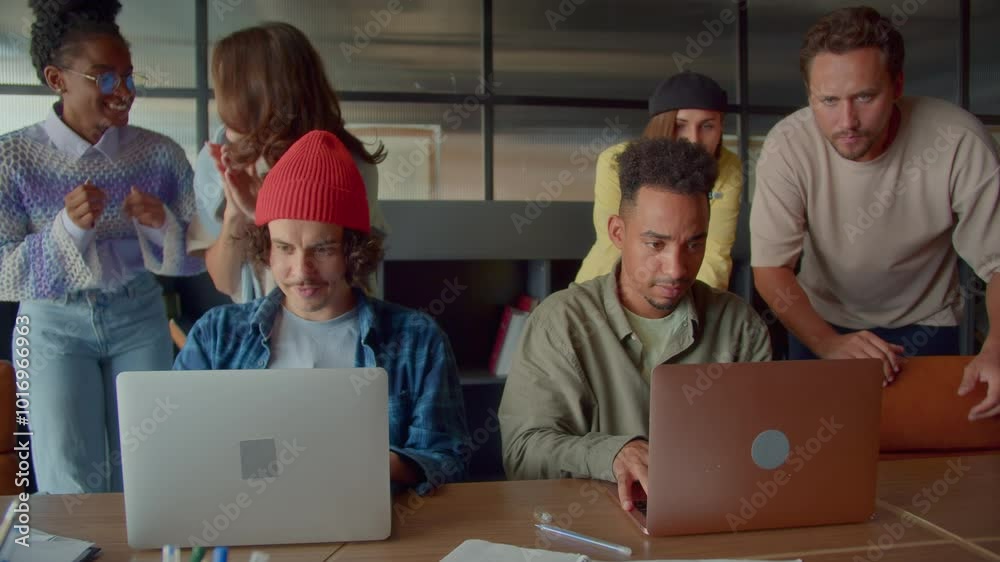 Men programmers compete online writing code with colleagues Men programmers compete online writing code with colleagues