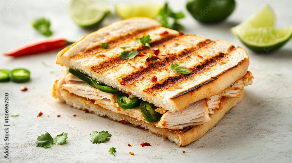 Spicy panini filled with turkey and jalapeños, isolated on a light stone background with chili peppers and lime wedges Spicy panini filled with turkey and jalapeños, isolated on a light stone background with chili peppers and lime wedges