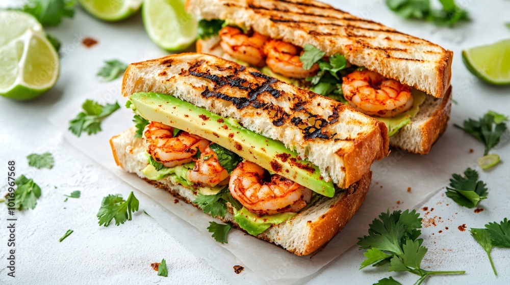 Spicy shrimp panini with avocado and chipotle mayo, isolated on a light background with cilantro and lime wedges Spicy shrimp panini with avocado and chipotle mayo, isolated on a light background with cilantro and lime wedges