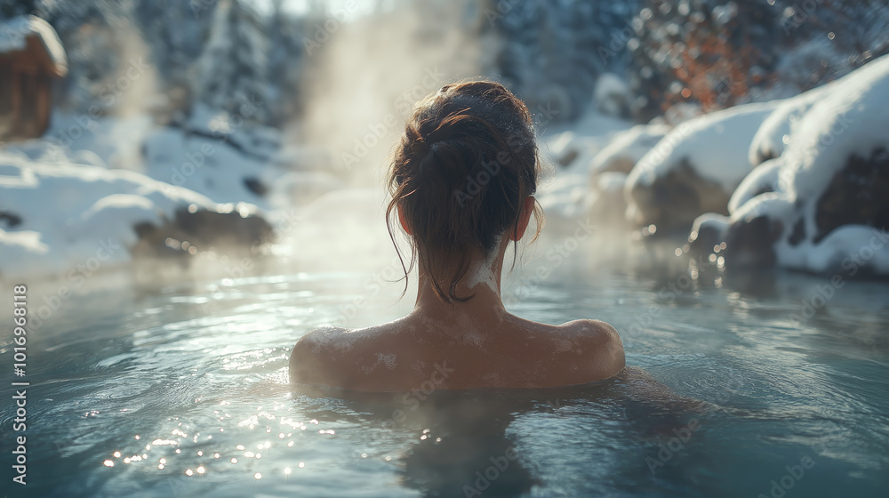 Girl taking a bath in a hot spring against the backdrop of a winter forest Girl taking a bath in a hot spring against the backdrop of a winter forest