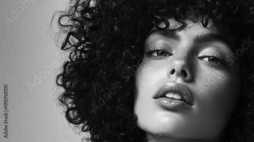 Black and White Portrait of a Woman with Curly Hair