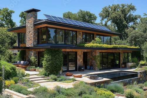 elegant house with solar panels nestled among lush trees showcasing ecofriendly architecture and sustainable living inviting ambiance under a clear blue sky