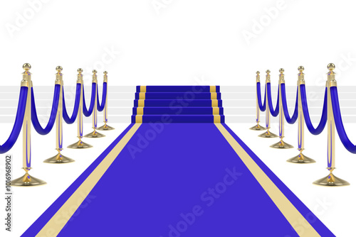Blue carpet with stairs, podium, blue ropes and golden stanchions. PNG isolated on transparent background and vector illustration