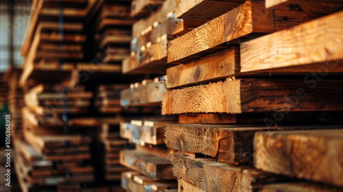 Stack of wooden boards in a warehouse or factory