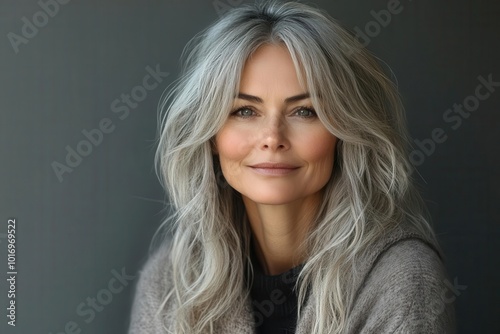 elegant middleaged woman with confident smile and stylish silver hair posed against neutral grey backdrop natural beauty and selfassurance radiate in timeless studio portrait