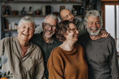 Group of happy senior friends looking at camera and smiling while standing together in living room at home