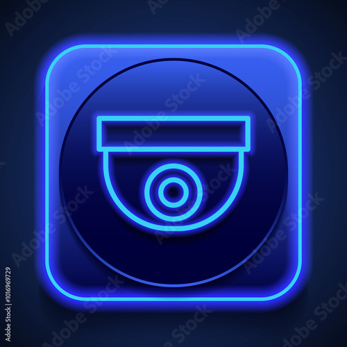 Security cam simple icon. Flat design. Blue neon style on button. With shadow