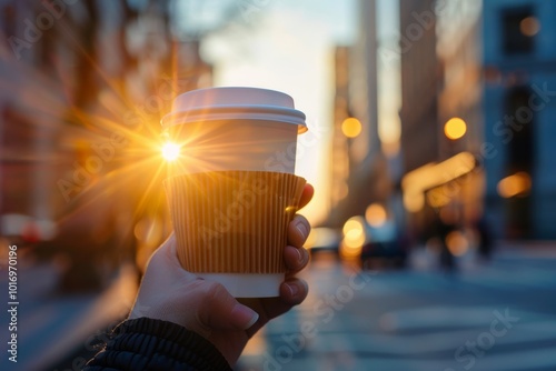 Morning coffee sunrise in urban cityscape