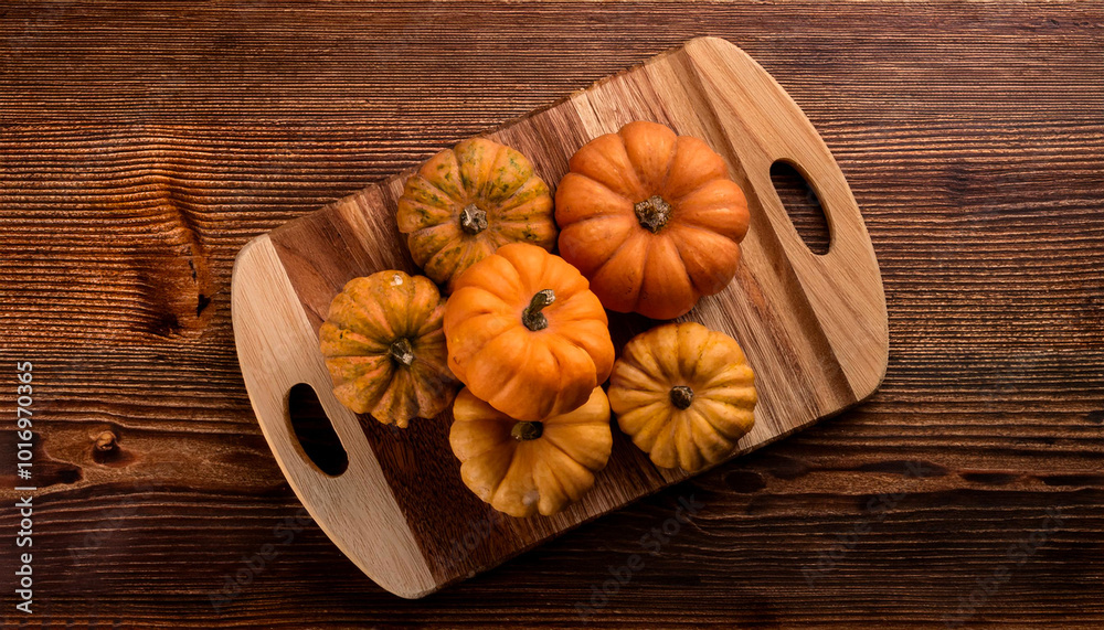 pumpkin on a wooden cutting board, isolated against a wooden background pumpkin on a wooden cutting board, isolated against a wooden background
