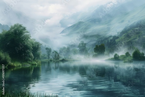 A serene landscape featuring a tranquil lake surrounded by rolling hills blanketed in lush greenery. Wisps of mist rise from the surface of the water, creating an atmosphere of quiet stillness