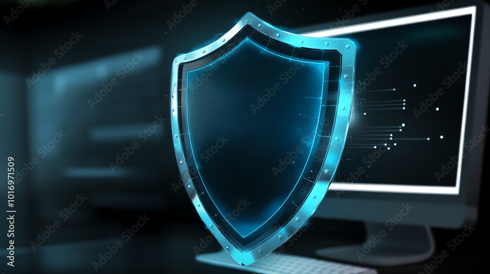 Digital shield icon representing cybersecurity protection on computer ...
