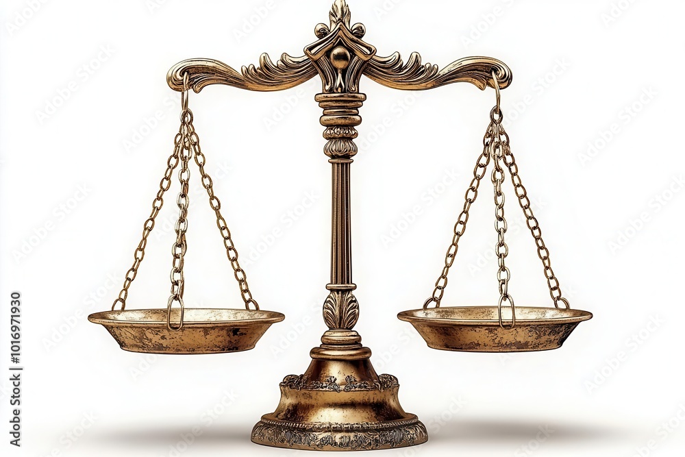 elegant scales of justice polished and isolated against a pure white background symbolizing fairness and the pursuit of equality in a visual representation