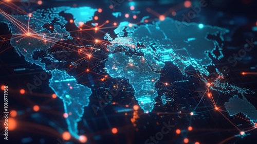 A digital map of the world with glowing blue continents and red lines connecting them.