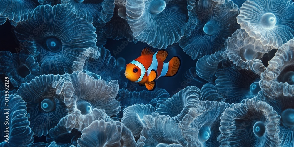 Mesmerizing Close-Up Shot of Vibrant Clownfish Nestled Among Sea Anemone Tentacles | Stunning Underwater Photography | Colorful Marine Life | Clownfish in Natural Habitat | Vibrant Coral Reef Scene