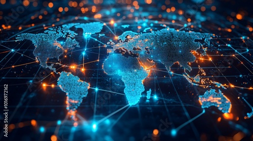 Digital World Map with Interconnected Nodes and Lines