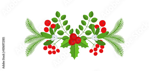 Christmas floral border. Spruce evergreen branch, poinsettia and holly berry