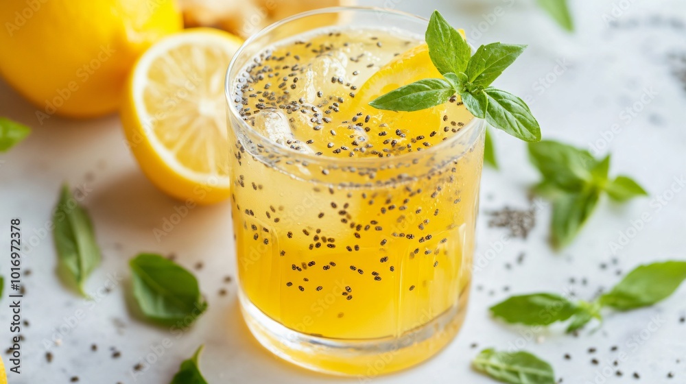 A glass of fizzy kombucha with lemon and ginger, isolated on a light background with decorative chia seeds and fresh herbs A glass of fizzy kombucha with lemon and ginger, isolated on a light background with decorative chia seeds and fresh herbs