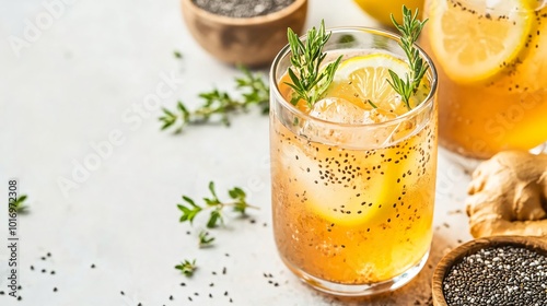 A glass of fizzy kombucha with lemon and ginger, isolated on a light background with decorative chia seeds and fresh herbs