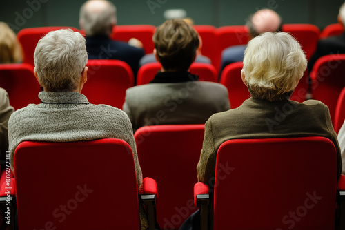 Adult audience in theater watching a play, sitting on red chairs, view from behind. Culture concept background. photo