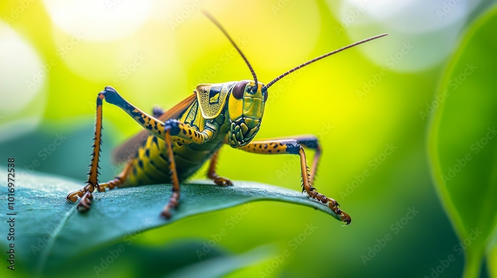 Fototapeta premium Close-Up of a Grasshopper on a Green Leaf