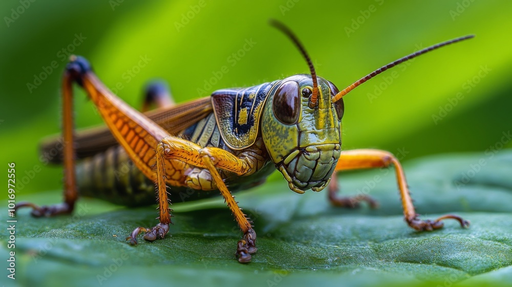 Fototapeta premium Close-Up of Colorful Grasshopper on Leaf