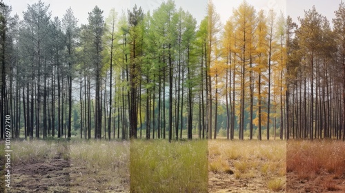A series of photographs showcasing a chronosequence of a forested area at different stages of growth. From an open field to a mature forest, each image represents a distinct point in the chronological
