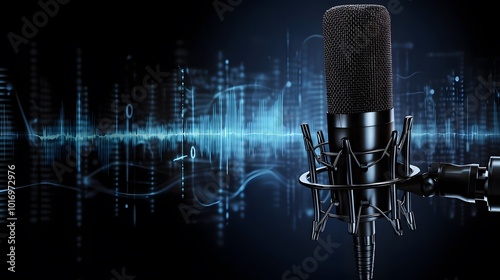 a dark blue background with hyper realistic modern microphone and a live recording vibe like sound wave in background