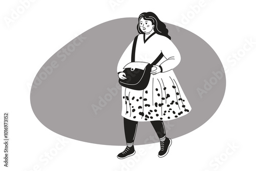 Fat woman with shopping crossbody bag. Body positive plus size cheerful female. Cartoon Character. Grayscale vector illustration.