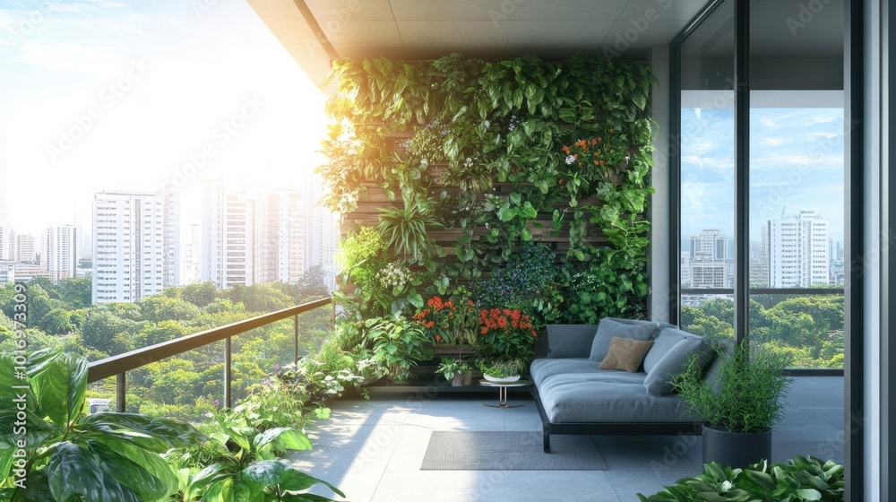 Obraz premium A lush vertical hanging garden on a modern city apartment veranda, filled with vibrant green plants and herbs. Detailed and realistic.