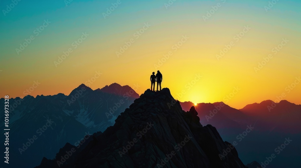 Fototapeta premium A silhouette of two friends standing on a mountaintop, arms linked, against the backdrop of a radiant sunset. The image signifies the unbreakable bond forged through shared adventures and the beauty