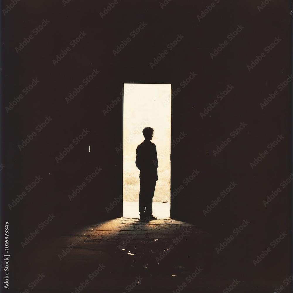 Obraz premium A silhouette photograph of a person standing in a doorway, the bright light outside symbolizing a welcoming community. The composition portrays the individual's journey towards finding a place