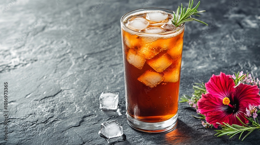 A tall glass of kombucha with floating ice cubes, isolated on a slate background with decorative hibiscus flowers and a sprig of rosemary A tall glass of kombucha with floating ice cubes, isolated on a slate background with decorative hibiscus flowers and a sprig of rosemary