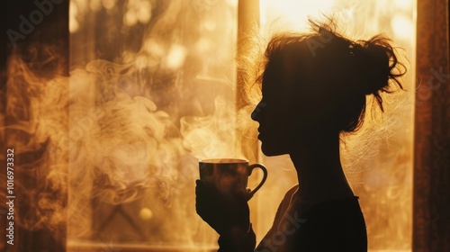 A silhouette of a woman's figure against a window, steam rising from a coffee mug she holds in her hand. The soft, diffused light from the window bathes her in a warm glow, accentuating her curves