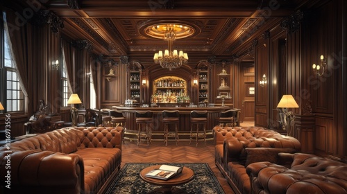 A luxurious vintage bar featuring rich wooden interiors and classic Chesterfield sofas, perfect for a cozy and elegant lounge.