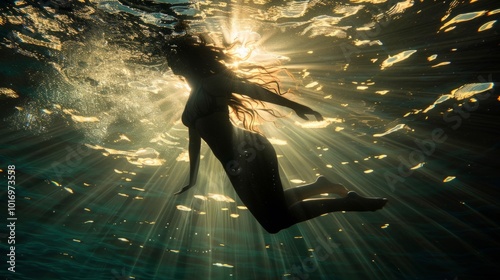 A sensual image depicts a woman swimming just below the water's surface, her body silhouetted against the shimmering sunlight above. The interplay of light and shadow accentuates her form,