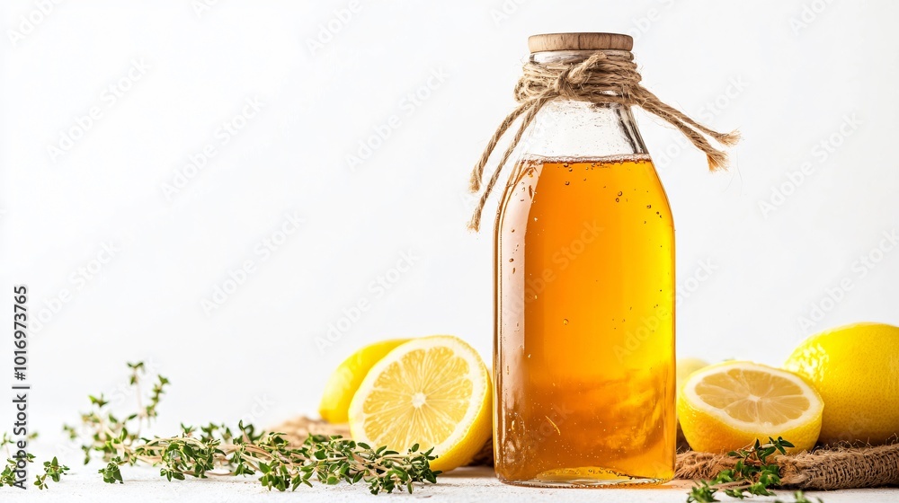 Homebrewed kombucha in a rustic bottle, isolated on a clean white background with scattered thyme and lemon zest Homebrewed kombucha in a rustic bottle, isolated on a clean white background with scattered thyme and lemon zest
